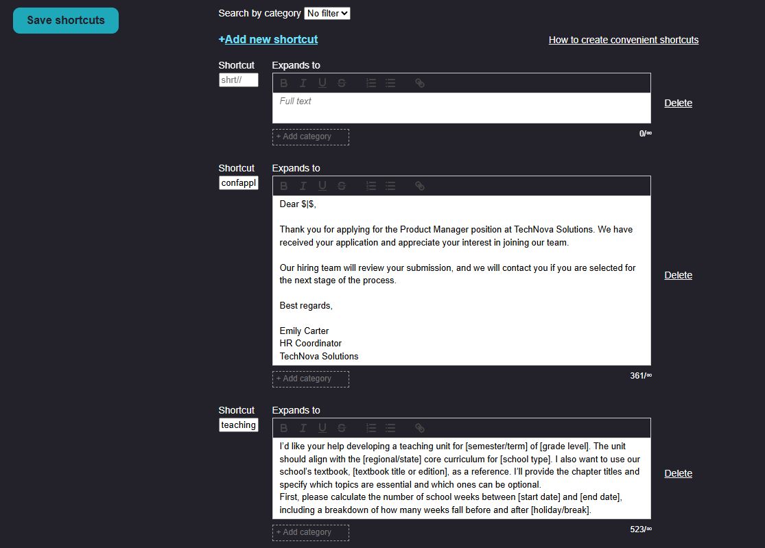 saved text shortcuts in Web Text Expander
